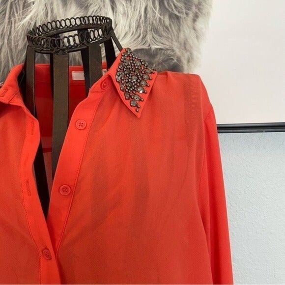Nordstrom Red Button Down Shirt with Embellished Collar - Picture 2 of 5